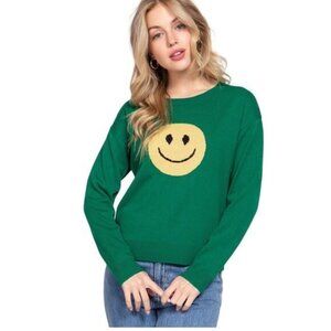 Smiley Face Sweater Women Large Green Yellow Y2K Crewneck Pullover Preppy Fun